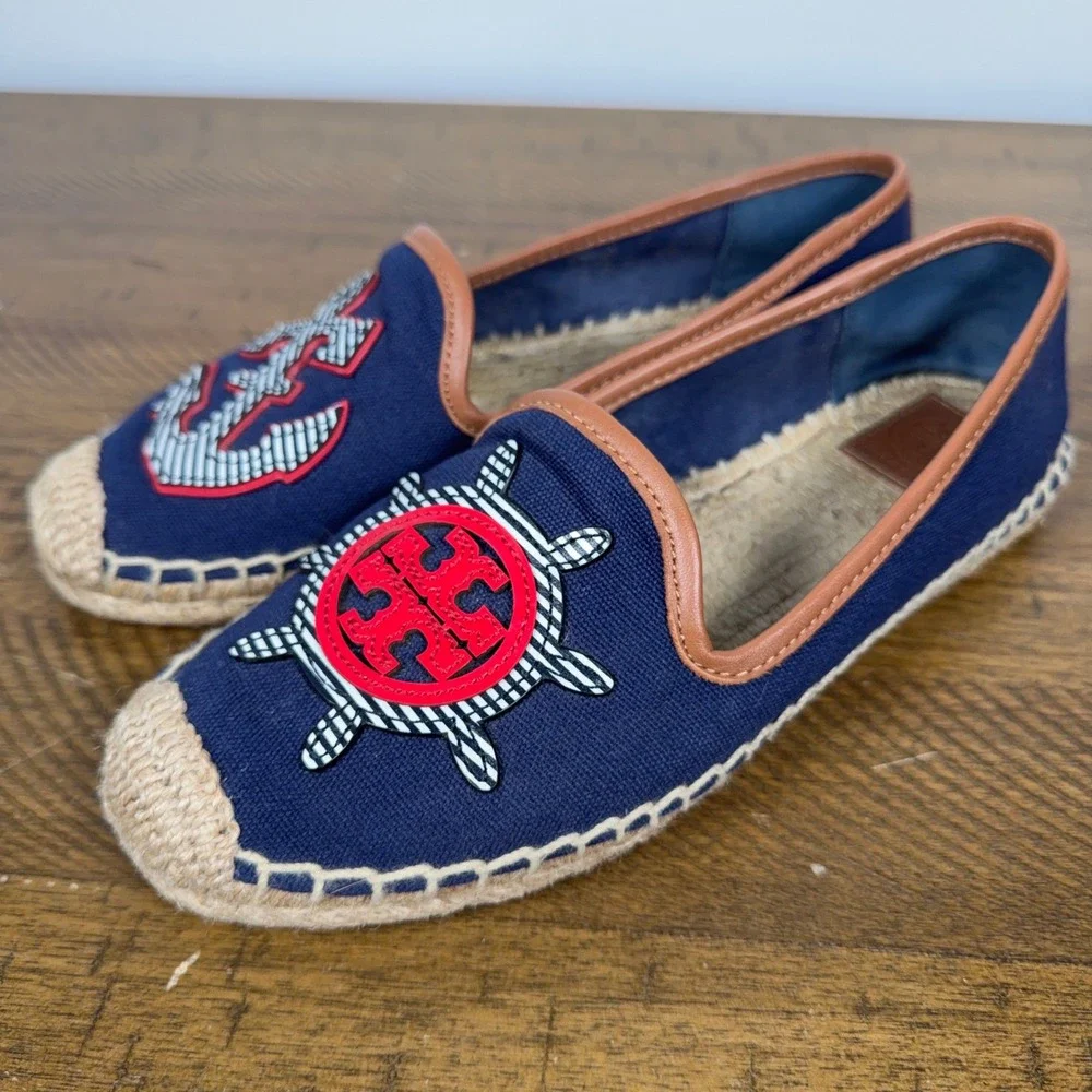 Tory Burch Espadrilles Womens 8 Navy Blue Maritime Flats Canvas Anchor Nautical